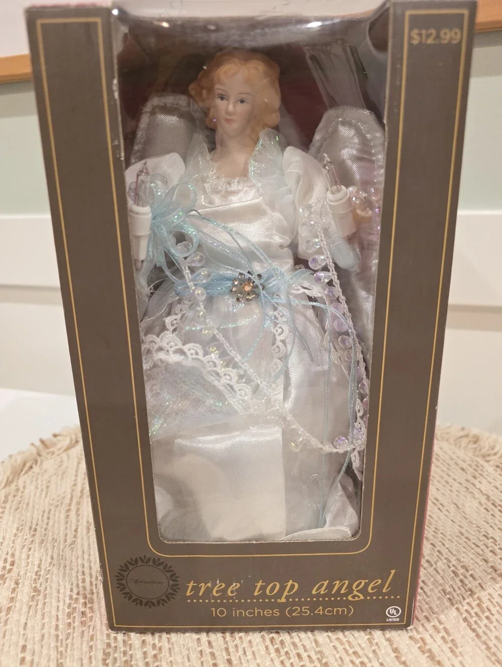 Angel Tree Topper Christmas Lighted, Plug In, White With Blue Accents, 10 Inches